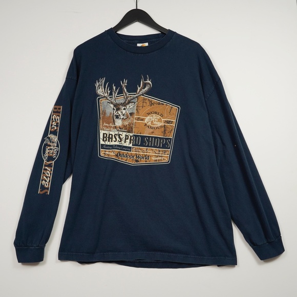 Bass Pro Shops Deer Graphic Long Sleeve T-Shirt 2XL Navy Fishing Hunting Camping - Picture 1 of 8